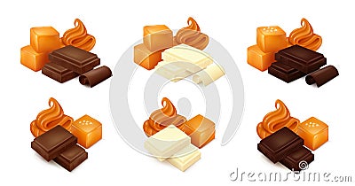 Caramel with different types of chocolate white, milk and dark isolated on white background Vector Illustration